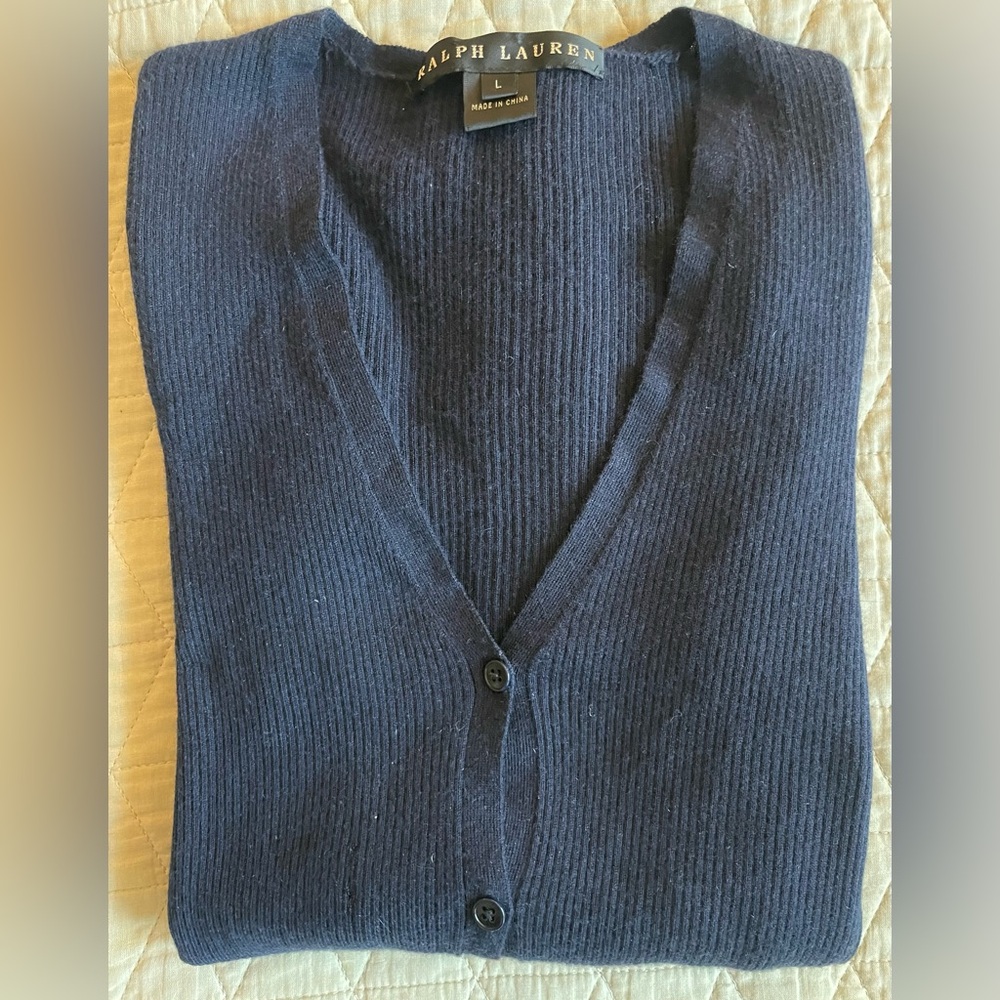 RALPH LAUREN BLACK LABEL Fine Rib Knit Cashmere Cardigan Sweater in Navy Size L